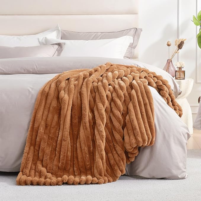 Faux Fur Throw Blanket for Couch, Cozy Fuzzy Fluffy Fur Luxurious Soft Striped Plush Gift Blankets for Family Sofa Chair Bedroom, 55"x70", Orange Brown