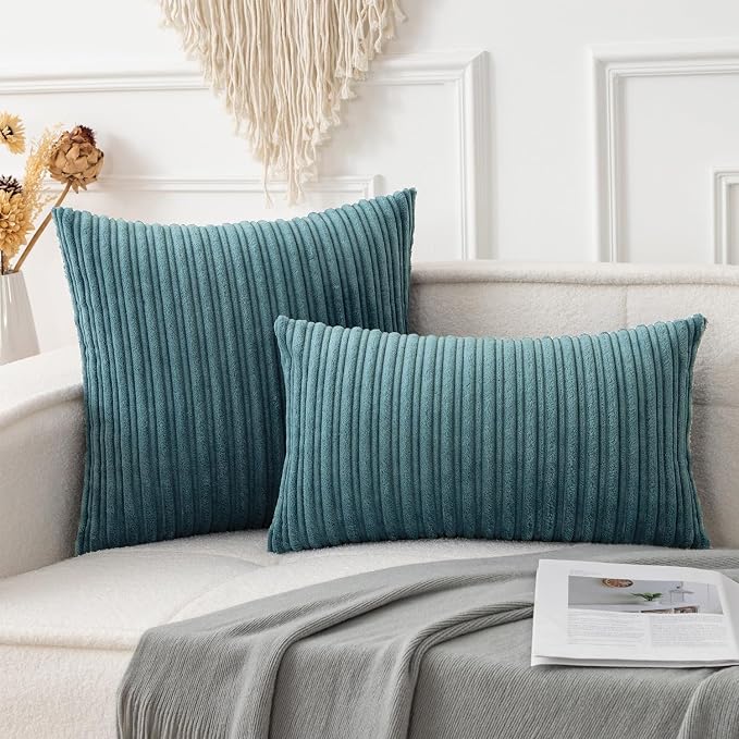 UGASA 14x20 Inch Pillow Cover Pack of 1 Soft Boho Stripe Corduroy Long Rectangle Lumbar Cushion Case Farmhouse Decorative Throw Pilowcase for Bed, Couch, Sofa, Bedroom, Living Room, Blue Grey