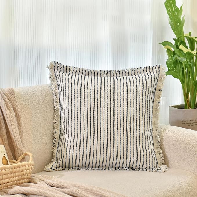 Throw Pillow Covers 22x22 Set of 2 Striped Pillow Covers with Fringe Chic Cotton Decorative Pillows Square Cushion Covers for Sofa Couch Bed Living Room Farmhouse Decor, (Navy)