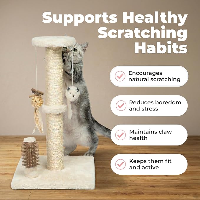 Best Pet Supplies Catify Cat Scratching Post - Beige H: 25" | 11" x 11" x 25", Interactive Cat Pole, Built-In Toys, Durable Sisal, Furniture Protector, For Indoor Kittens and Cats