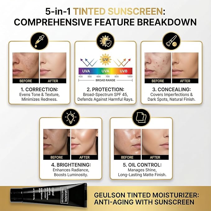 Skincare Intellishe Original SPF 45, Anti-Aging Tinted Sunscreen for Face, Daily Moisturizer with SPF, Anti-Wrinkle with Peptides & Vitamin C, Hydrating Broad-Spectrum Sunscreen Geulson, 1.70oz