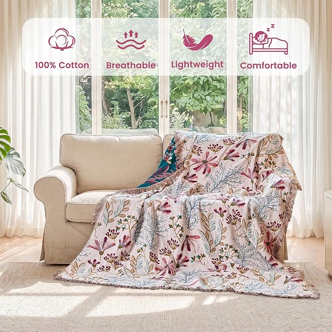 MSGKV Boho Throw Blanket 60"x80" 100% Cotton Floral Blanket for Couch Bed | 100% Cotton Muslin, Floral Throw Blanket, Reversible Weave, Lightweight Comfort, Cozy Home Decor, Machine Washable