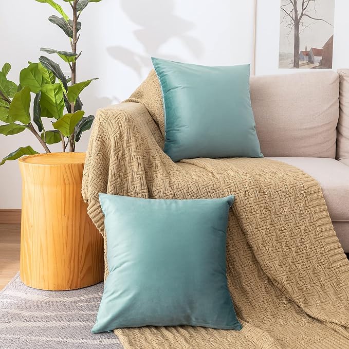NiNi ALL LightBlue Velvet Throw Pillow Covers 24x24 Pack of 2 Decorative | Soft Solid Boho Cushion Squar Pillow Cases for Chair Sofa Bedroom Farmhouse Living room Modern Luxury Home Decor Christmas