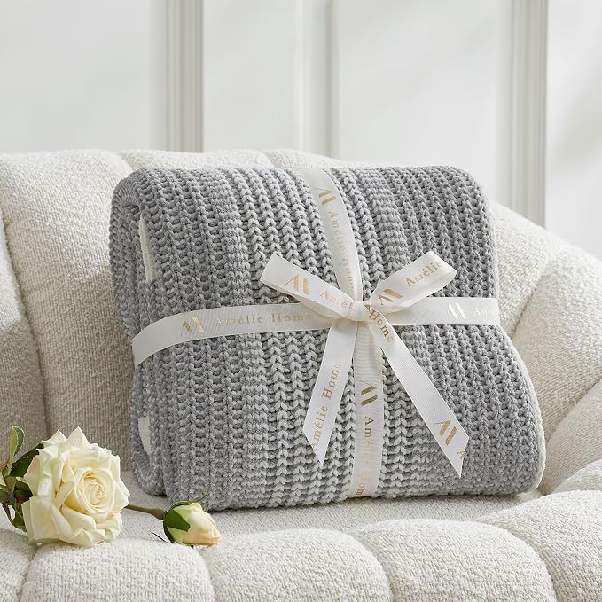 Premium Chenille Throw Blanket, Soft Cozy Luxury Two-Tone Knit Blanket for Couch, Sofa, Chair, Home Decor, Grey & Ivory 50"x60"