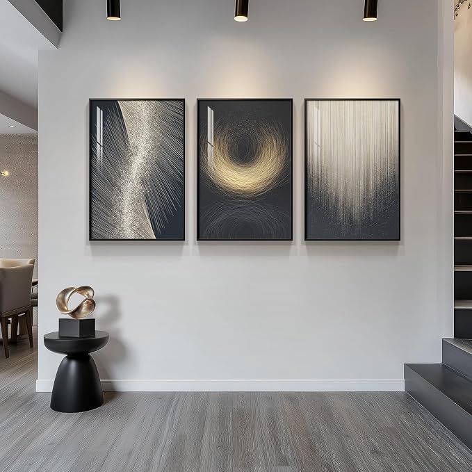 Large Framed Black and Gold Modern Luxury Abstract Wall Art for Living Room, 3 Piece Brights Prints Paintings Artwork for Walls, Sparkle Pictures for Entryway Dining Bedroom Wall Decor 24x36 In