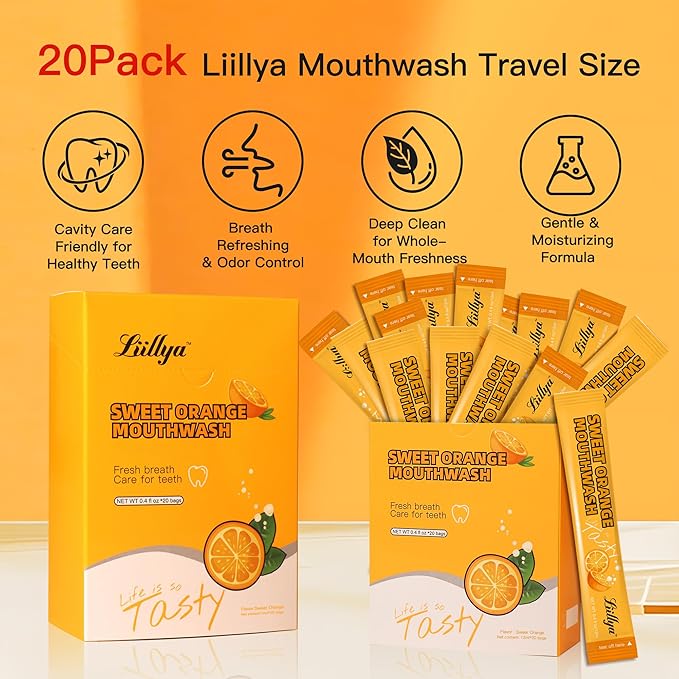 Liillya Mouthwash Travel Size, Individual Mini Mouthwash Alcohol Free, Orange Mint for Fresh Breath, Oral Care, Teeth & Gum Health, TSA Compliant, Portable Packets to Go, 0.41 Fl Oz x 20 Packs
