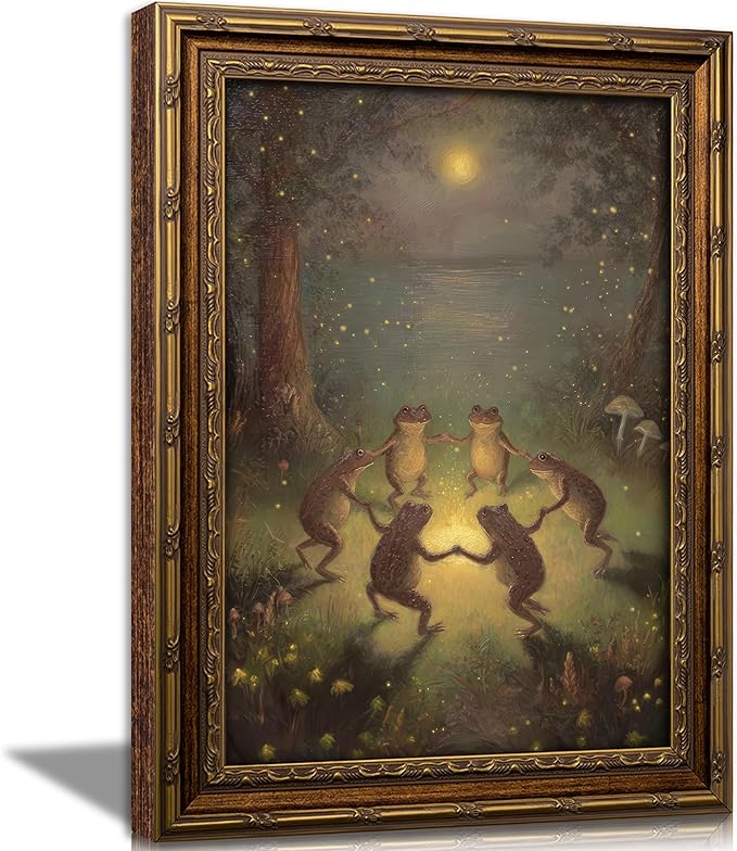 Vintage Gold Framed Frog Wall Art,Frogs Dancing in Moonlight Forest Painting Canvas Prints,Whimsical Animal Wall Decor,Retro Country Toad Poster Artwork,for Corridor Living room Bedroom Kitchen