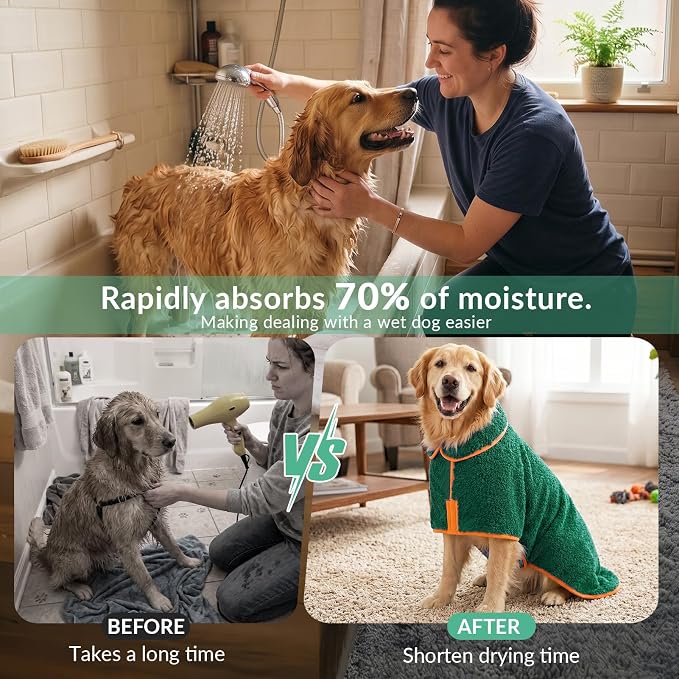 Bienbee Dog Bathrobe, Super Absorbent for Small to Large Dogs, Green 2XL | Dog Robes with Soft Fleece, Warm & Cozy, Adjustable Fit, and Quick Drying Coat for Baths Swimming and Grooming