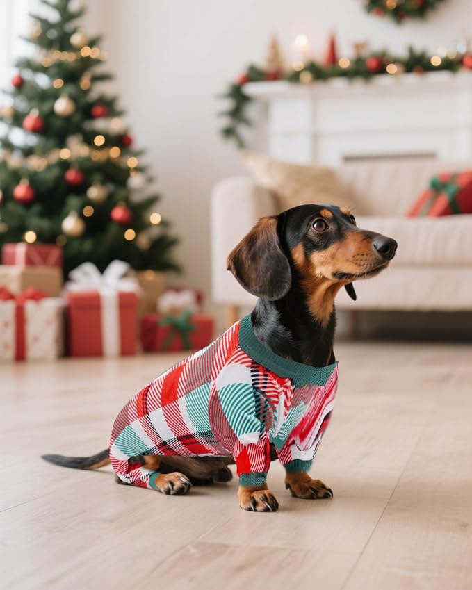 PET SHOW 4 Pack Fleece Dog Pajamas Plaid for Medium Dogs | Soft stretchy dogs onesies,boy girl pjs with sleeve,holiday jumpsuit costume for small pets,M