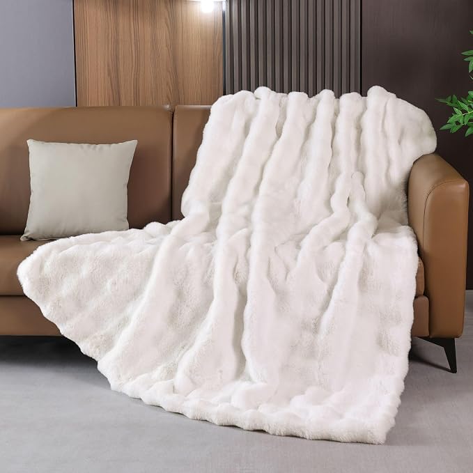 Cream Beige Faux Fur Throw Blanket for Couch, Snuggly Double-Sided Bubble Plush Blanket with Soft Flannel Back, Decorative Throw for Sofa or Bed, Machine Washable, 60 x 80, 860 GSM