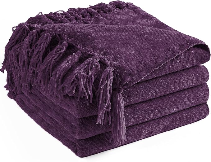 Chenille Throw Blanket for Couch 60" x 80" Twin, Dark Purple | Soft Cozy Warm Throws with Fringe Tassel, for Living Room Bed Sofa Chair Cover, Lightweight Knitted Decorative Boho Blankets