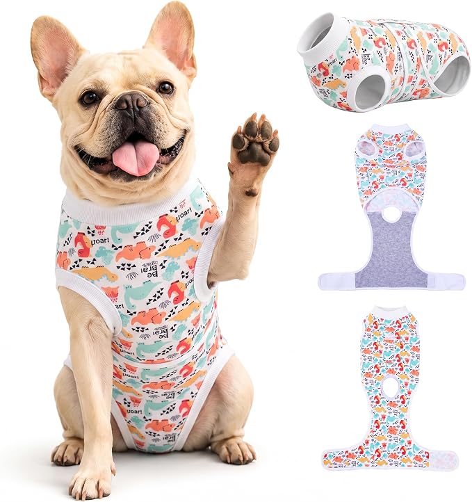 PetWarm Dog Neuter Recovery Suit, Onesies for Dogs, Bodysuit for Abdominal Affected Areas Sensitive Skin Areas, E-Collar and Dog Cone Alternative After Surgery, Dinosaur Pattern, White, XS