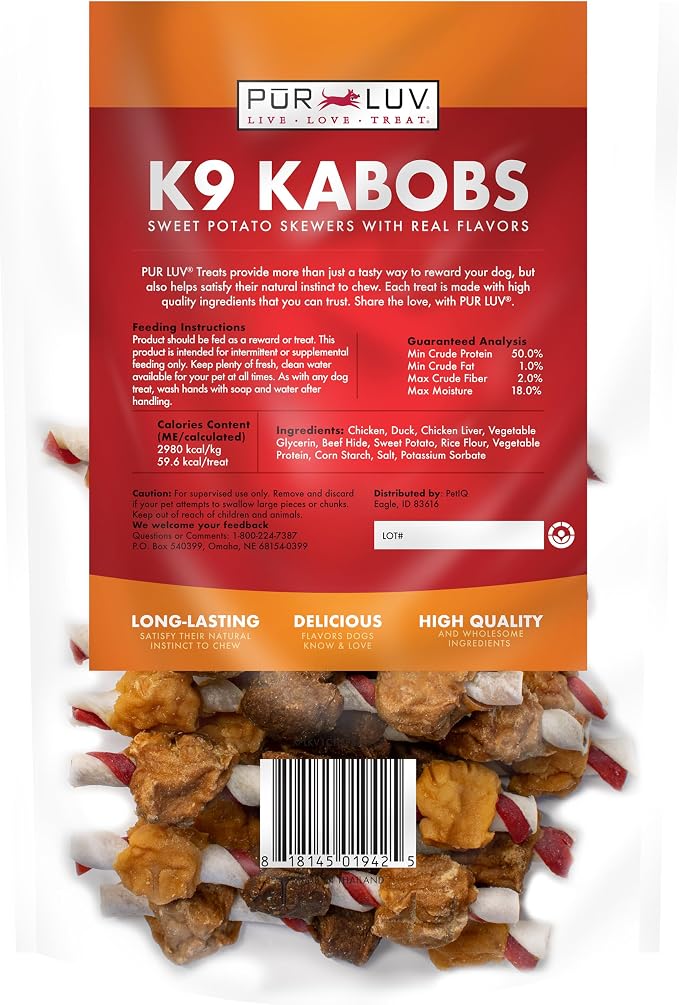 Pur Luv Dog Treats, K9 Kabobs Made with Real Chicken, Duck, and Sweet Potato, 12 Ounces, Dog Snacks, Healthy, Easily Digestible, Long-Lasting, High Protein Treat, Satisfies Urge to Chew | Triple-flavor chew: chicken, chicken liver & duck wrapped on swe...