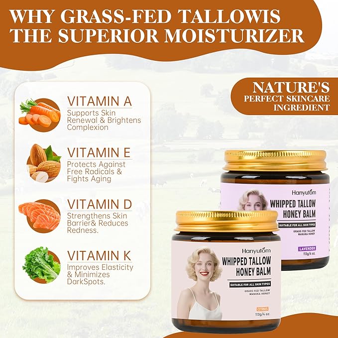 Whipped Tallow Cream for Face & Body - 100% Grass-Fed Beef Tallow, Natural Honey & Beeswax Moisturizer, Deep Hydration & Nourishment, Oil-Free & Unscented, Fast Absorbing-Lavender