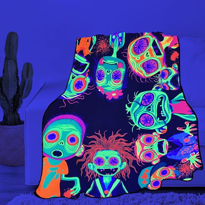 Blacklight Horror Scary Throw Blankets UV Reactive Funny Zombie Throw Blanket Glow in the Dark Under Black Lights Game Room Decor Soft Throw Gifts 59x51 Inches