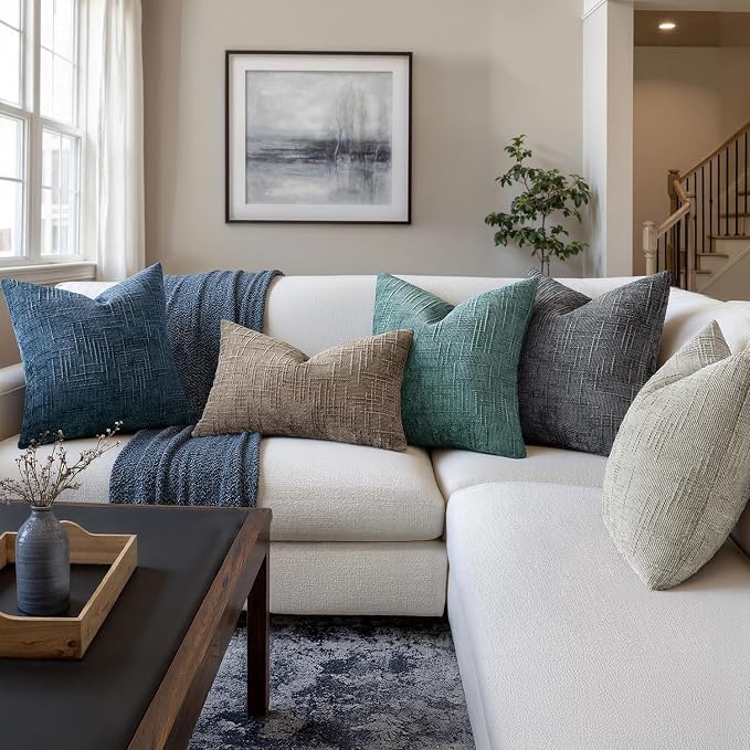 MIULEE Chenille Textured Throw Pillow Covers Teal 18x18 Set of 2 | Slubby Decorative Pillows, Boho Farmhouse Home Decor, Modern Neutral Cushion Covers for Couch Sofa Bed Living Room