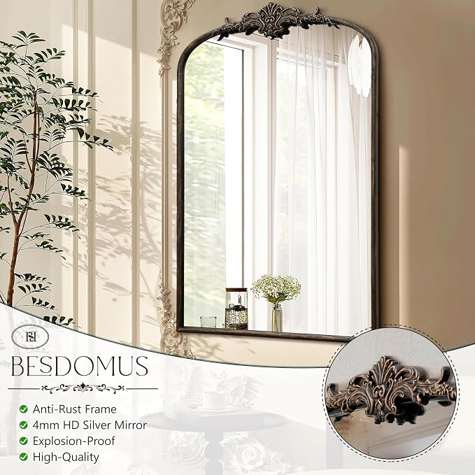 Besdomus Antique Large Wall Mirror: 24"x36" French Black Arched Decorative | Vintage Metal Framed Vanity Mirrors - Baroque Traditional Ornate for Entryway/Bathroom/Bedroom - Ideal for Bath Renovations