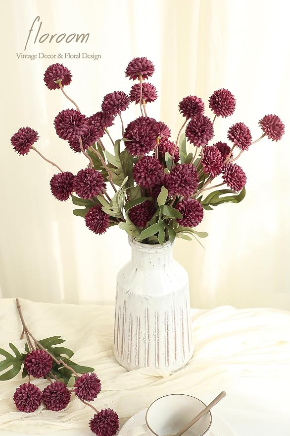 5pcs Burgundy Faux Silk Mums Artificial Flowers, Bulk Fake Small Mini Chrysanthemums with Stems for DIY Wedding Centerpieces Floral Arrangements Vase Fillers Home Decorations