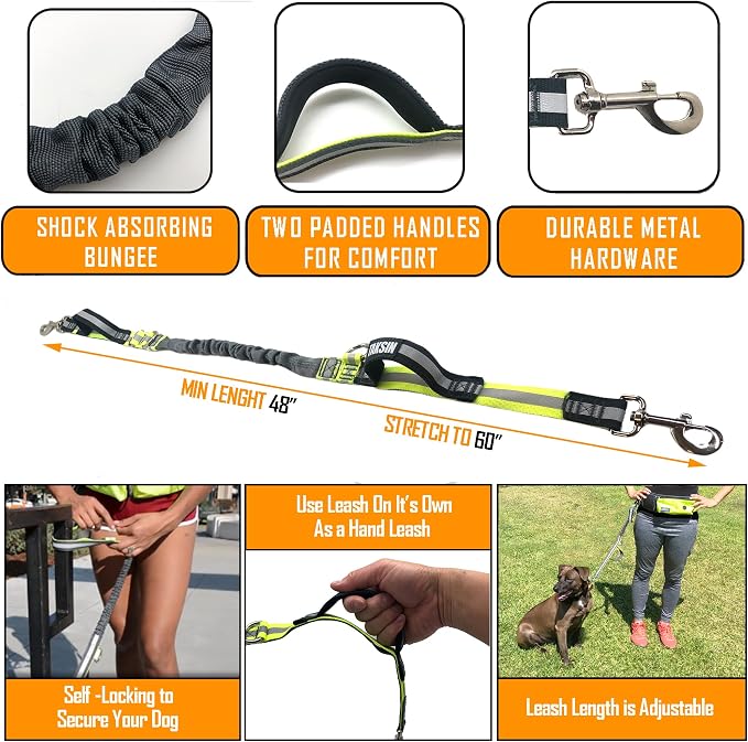 TAKSIN The Ultimate Hands Free Dog Leash for Walking Running Hiking Training, Reflective Bungee Leash, Treat Holder, Poop Bag Dispenser for Small Medium Large Dogs (Yellow Deluxe Pack)