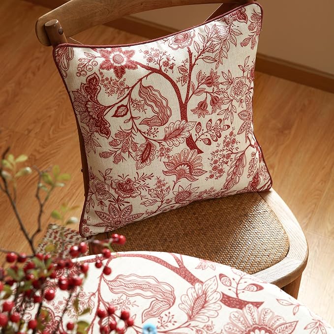Designer Linen Square Throw Pillow Cover,Set of 2,18"x18"-Ruyi A | Vintage French Elegant Pillow Cover,Concealed Zipper Design,Red Floral Pattern,Sofa,Bedroom,Living Room,Lounge Chairs