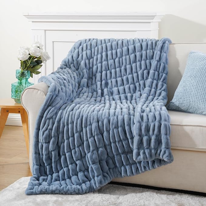 BATTILO Large Faux Fur Throw Blanket for Couch, 60"x80", Doube Side | Dusty Blue Throw Blanket, Super Soft Cozy Mink Warm Thick Faux Rabbit Fur Blanket For Bed, Sofa Living Room