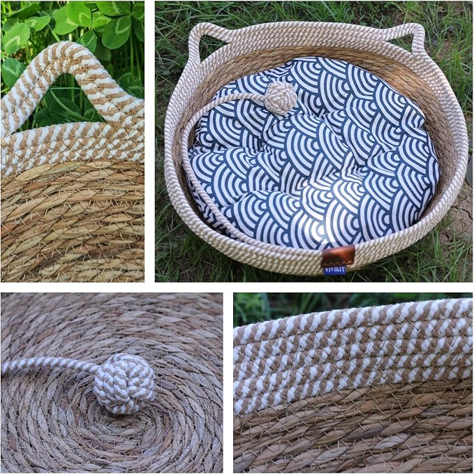 VIVIKIT Natural Cattail Cat Bed for Indoor Cats, 18.1" x 4.7" (Beige) | Naturalcattail, cotton trim, all season, scratch-proof, teaser ball, removable washable pad, for cats & dogs up to 22 lbs