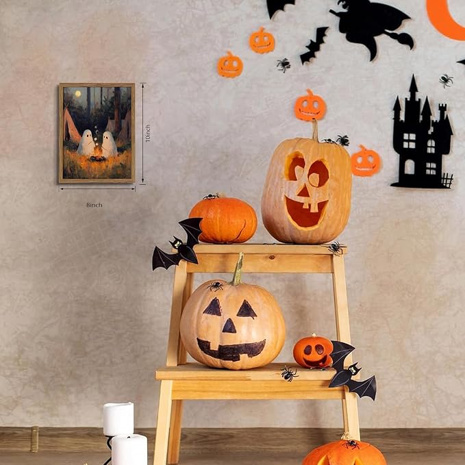 Framed Vintage Halloween Wall Art, Camping Ghosts Cozy Fireplace Canvas Prints, Gothic Whimsigoth Decor Cute Spooky Poster, Farmhouse Halloween Wall Decor, Ready to Hang 8x10in Wood Frame