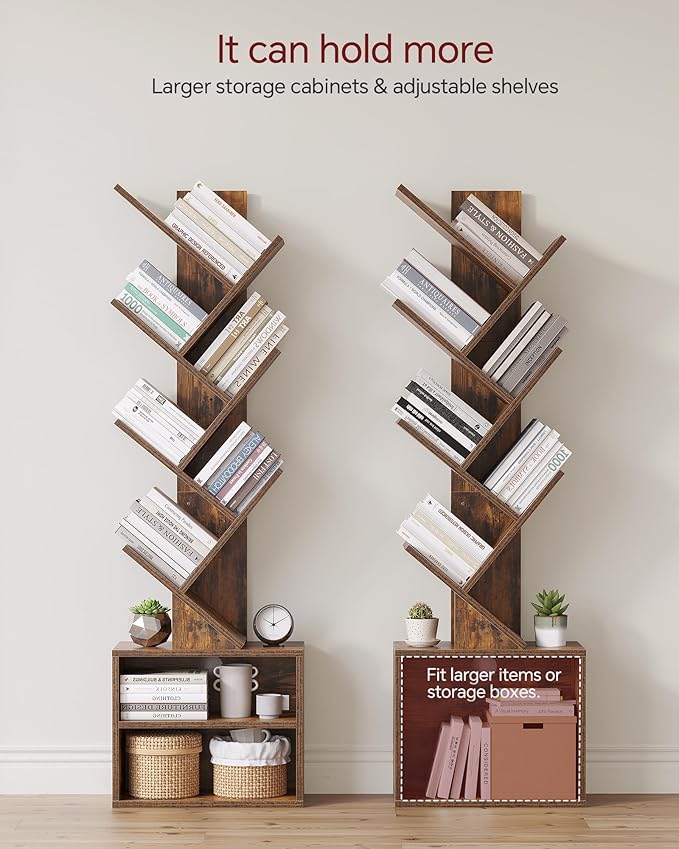 SUNMORY 6 Tier Tree Bookshelf, Tall Small Bookcase with Storage Cabinet | Modern Narrow Bookshelves Organizer, Floor Standing Book Case Shelf for Bedroom Living Room Home Office Corner, Rustic Brown