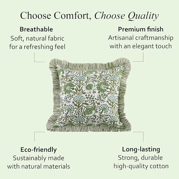 CPC Block Print Ruffle Throw Cover Agate Green 16"x16" Inch Pack of 2-100% Cotton Ruffle Couch Decorative Boho Pillows Case for Living Room, Bedroom, Sofa, Farmhouse Gift for Spring, Mother's Day