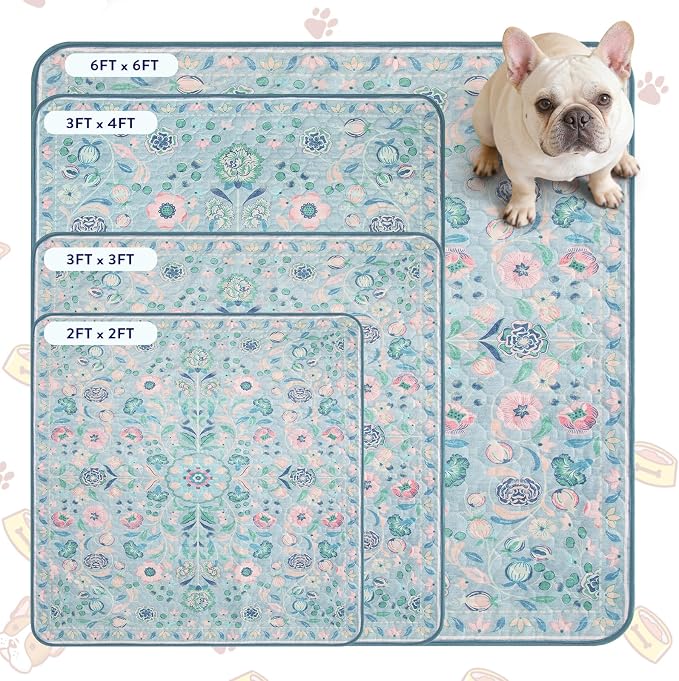 Lahome Botanical Washable Reusable Pee Pads for Dogs, 2 Pack, Blue, 36x48 | Super absorbent, waterproof training mats with leakproof non-slip backing; suitable for potty training, crates and floors.