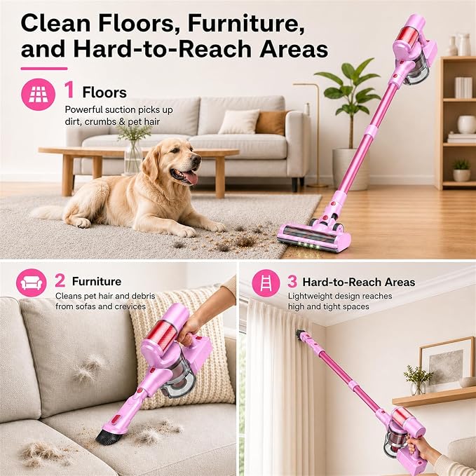 Pink Cordless Stick Vacuum Cleaner, 50Kpa/600W/60 Mins for Home/Pet Hair | Self-Standing and Touch Screen, Anti-Tangle Wireless Vacumm for Carpets/Floors