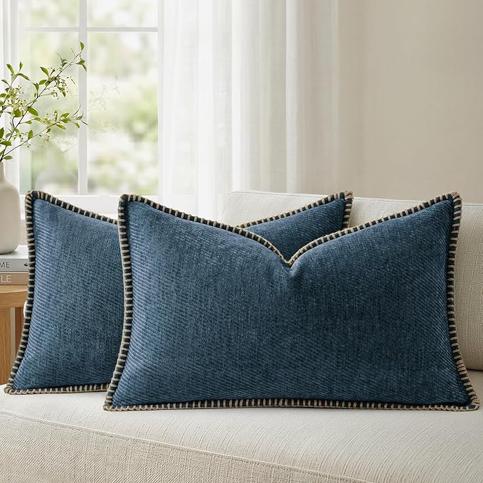 a moment Pack of 2 Decorative Chenille Throw Pillow Covers with Twill Cushion Covers for Sofa Living Room Couch Bed 20x12 Inch,Crafted Border Blue