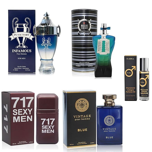 AFLUXE Men's Cologne Gift Set - Variety Pack of 4 Long Lasting Fragrances with 10ml Pheromone Cologne for Men Kit EDP/EDT (PHM-VictFam/BFMUltra/717SeM/Vintage Blue)