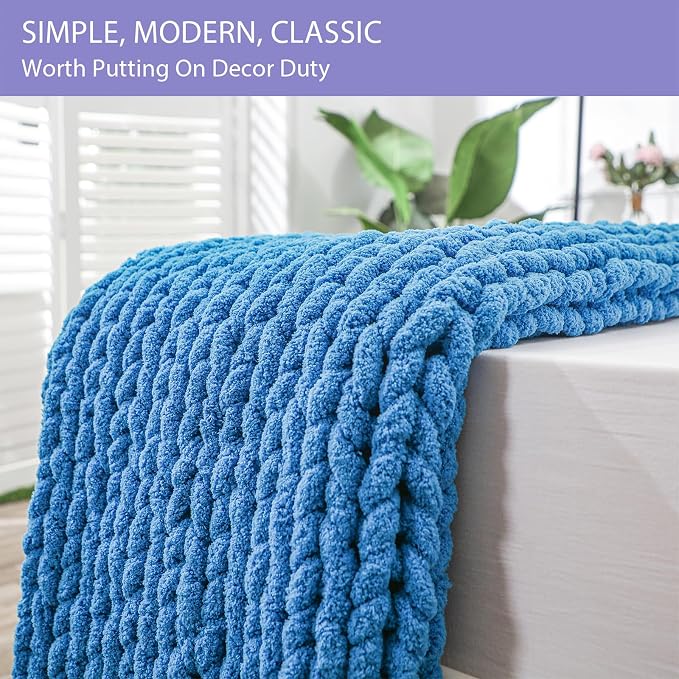Bigacogo Chunky Knit Throw Blanket for Couch, 40x60 inches, Bright Blue | Hand Knit with Jumbo Chenille, Soft Breathable Cable Knit for Sofa Bed Living Room, Machine Washable, Gift for Mom Friend