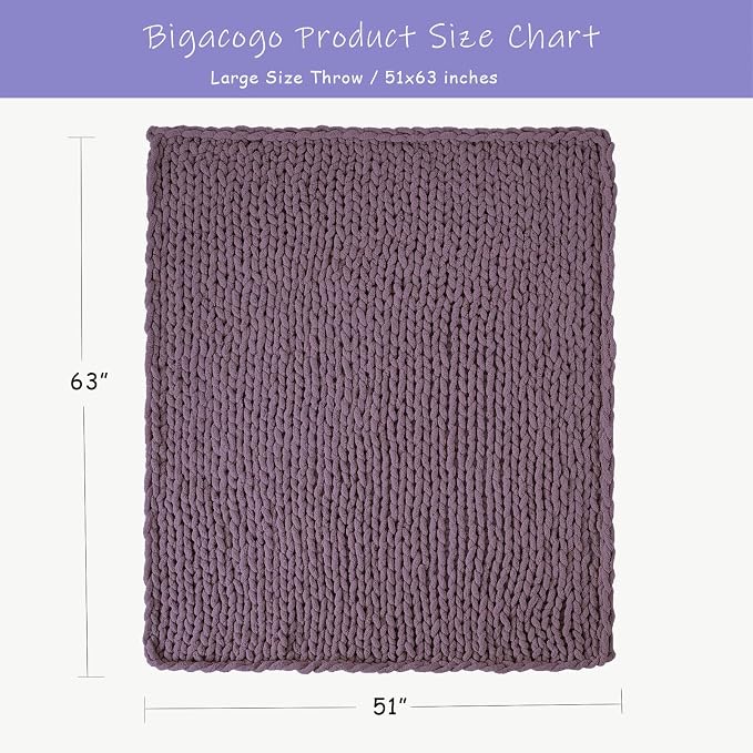Bigacogo Chunky Knit Throw Blanket for Couch, 51x63 inches, Winter Grape | Hand Knit with Jumbo Chenille, Soft Breathable Cable Knit for Sofa Bed Living Room, Machine Washable, Gift for Mom Friend