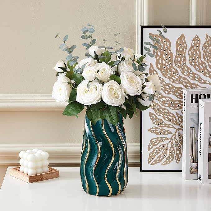 Ceramic Vase, Green Vase for Home Decor,Decorative Flower Vase, Vertical Stripe Ceramic Vases for Home Décor, Bedroom, Office, Living Room, Bathroom, Tabletop Decor, Centerpiece (Green)