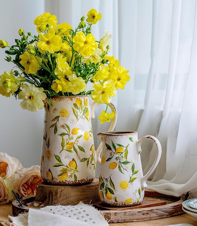 Vintage Lemon Ceramic Vase with Handle, Retro Ice Glazed Crack Farmhouse Pitcher Vase for Home Decor, Living Room, Shelf, Office, Rustic Table Centerpiece 9 Inch