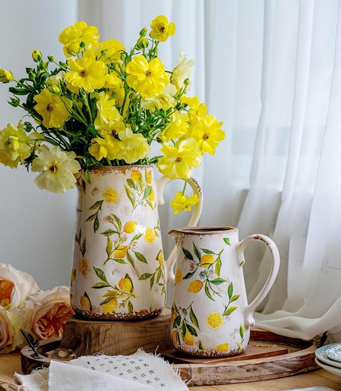 Vintage Lemon Ceramic Vase with Handle, Retro Ice Glazed Crack Farmhouse Pitcher Vase for Home Decor, Living Room, Shelf, Office, Rustic Table Centerpiece 7 Inch