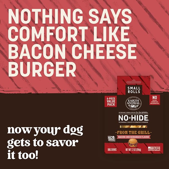 Earth Animal No Hide Dog Chews - Small Rolls 6 Count Bacon Cheeseburger | Small Rolls Bacon Cheeseburger Flavored Natural Rawhide Free Long Lasting Dog Chews - Pet Treats for Small Dogs