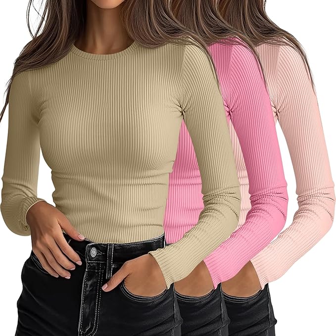 Ficerd 3 Pack Women's Ribbed Long Sleeve Tops, Crew Neck Slim Fit Undershirts Knit Basic Casual Stretch Layering Tee Shirts