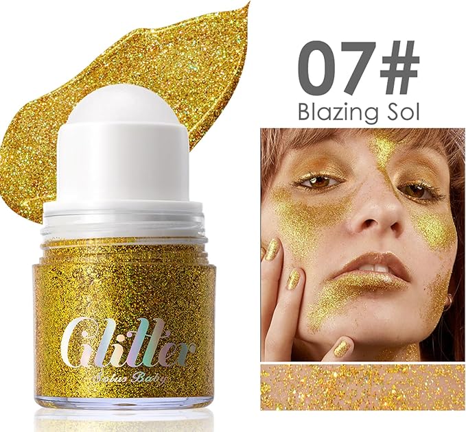 Erinde Holographic Body Glitter Gel, Roll-On Face Hair Glitter for Mermaid Makeup Festival Party Rave Accessories, Chunky Sequins Chameleon Shimmer Christmas Makeup for Women Girls, 07 Gold