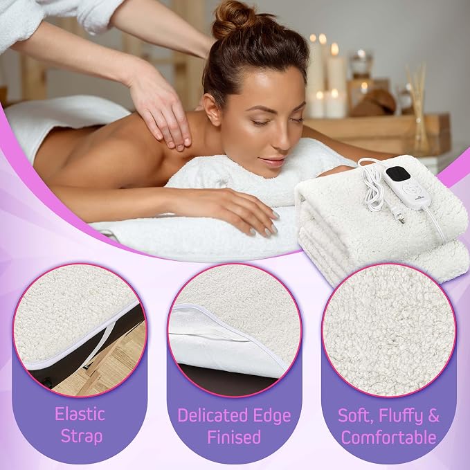 Massage Table Warmer Heating Pad – 71"x31" Heated Massage Pad with Adjustable Temperature (104°F–131°F), Auto Shut-Off, Sherpa Fabric, Ideal Massage Blanket & Bed Warmer for Table Use