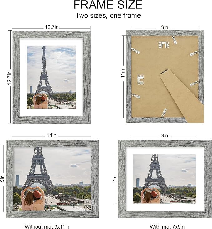 Hongkee 9x11 Picture Frame Set of 4, Made of Real Glass and Grey Frame - Display Picture 7x9 with Mat or 9x11 Without Mat, 9 by 11 Photo for Wall or Tabletop