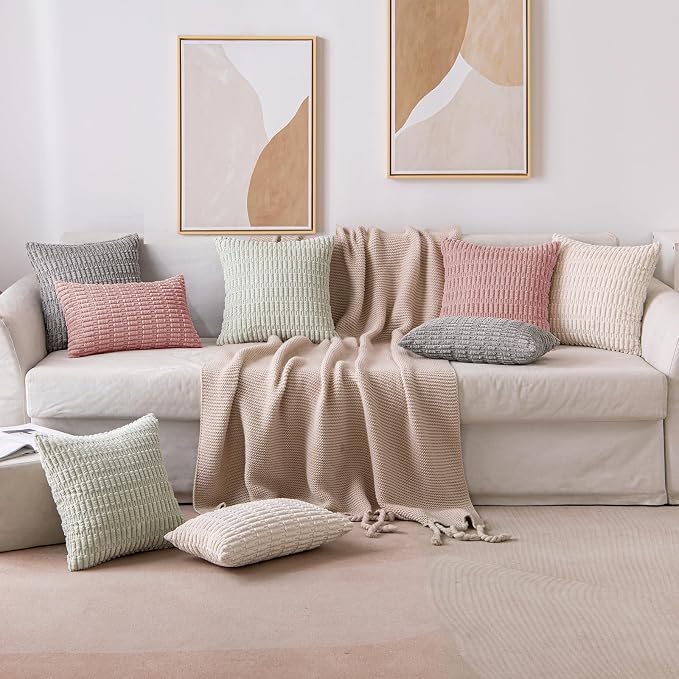 MIULEE Corduroy Decorative Throw Pillow Covers 16x16 Blush Pink Pack of 2 | Soft Boho Striped Pillow Covers Modern Farmhouse Home Decor For Sofa Living Room Couch Bed