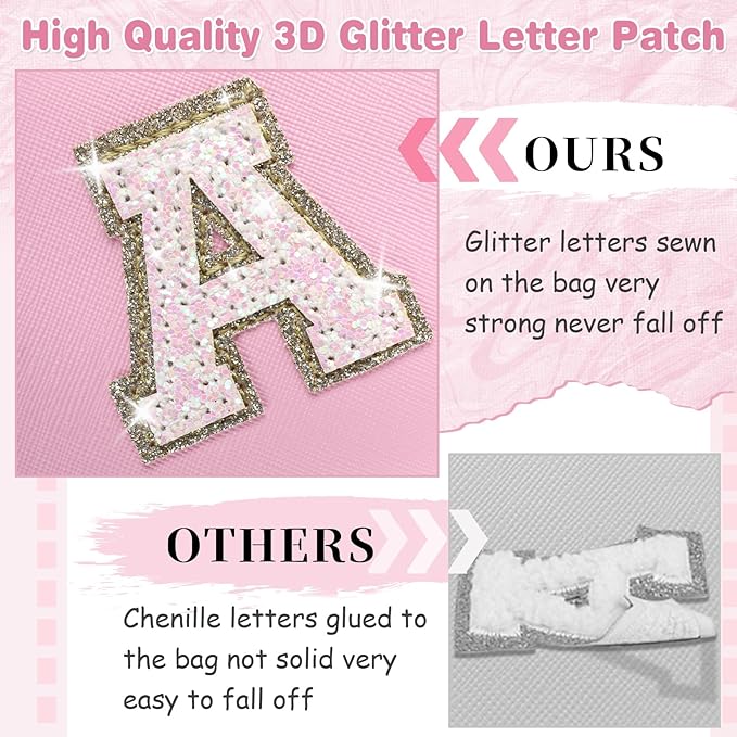 Small Personalized Initial A-Z Patch Makeup Bag,Pink Cute PU Leather Glitter Letter Cosmetic Bag for Teen Girls,Travel Toiletry Bag with Zipper,Preppy Monogrammed Birthday Gift for Daughter Niece M