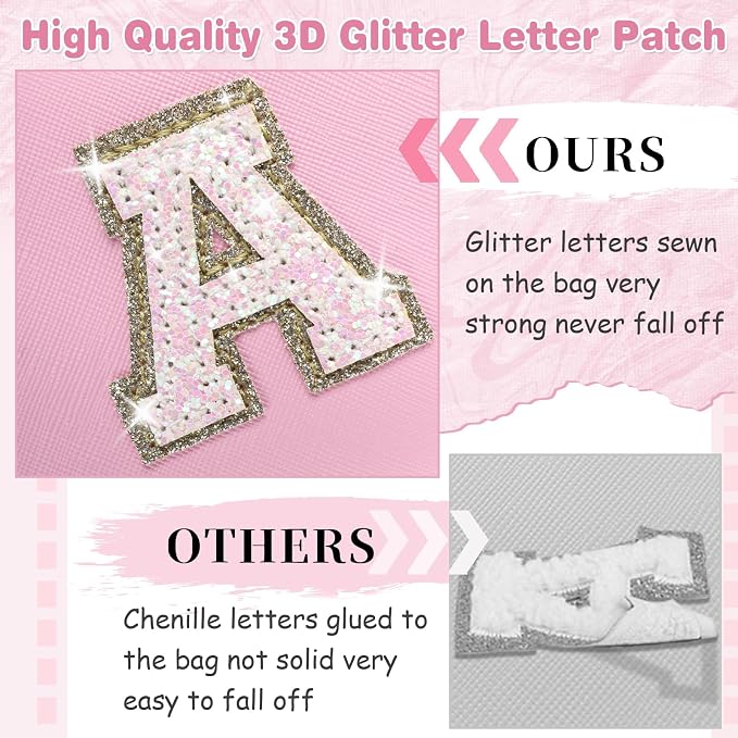 Small Personalized Initial A-Z Patch Makeup Bag,Pink Cute PU Leather Glitter Letter Cosmetic Bag for Teen Girls,Travel Toiletry Bag with Zipper,Preppy Monogrammed Birthday Gift for Daughter Niece W