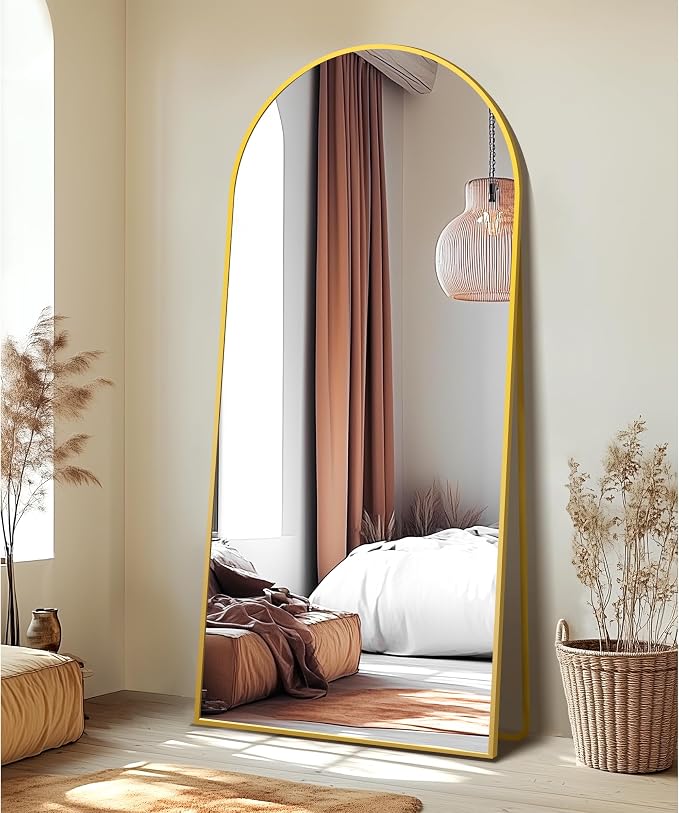 Arched Full Length Mirror with Stand, 75x35 Gold Floor Mirror | Aluminium alloy frame with HD float glass for distortion-free reflection. Free standing or wall mounted.