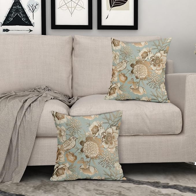 Vintage Floral Pillow Covers 24X24 Inch Set of 2 Rose Gold Flowers Bird Butterfly Decorative Pillow Cases Blue Brown Cotton Linen Cushion Case Farmhouse Home Decor for Sofa Couch Living Room