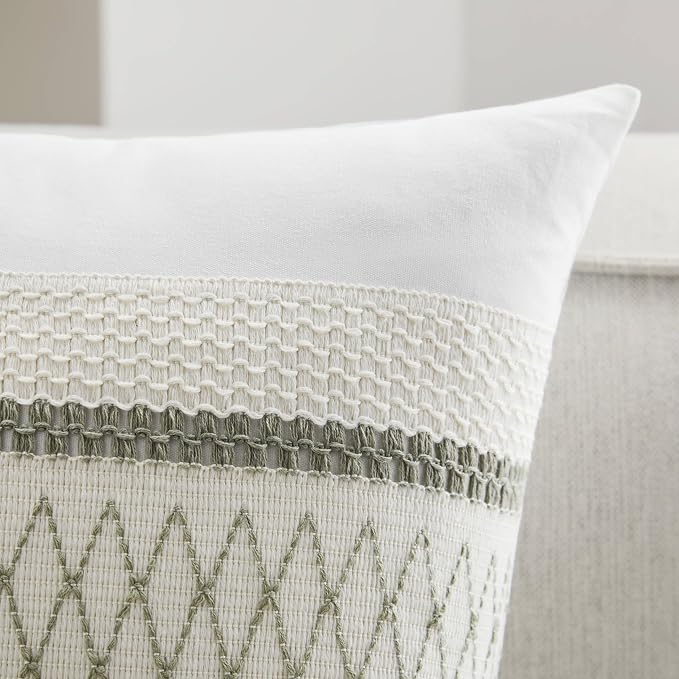 2pk Boho Pillow Covers 16x16, Natural White/Grid/Green | 100% Organic Cotton Body, Stripe Embroidery, Farmhouse Decorative Cushion Covers for Sofa Bed Living Room Home Decor