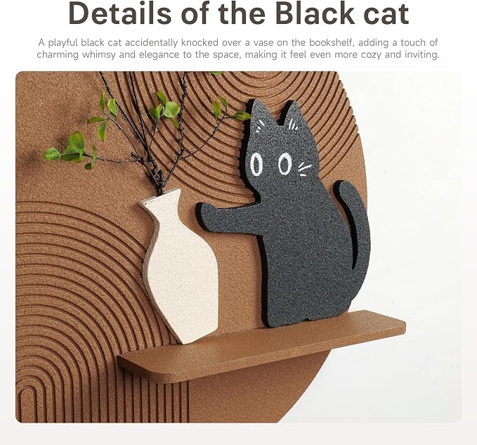 3D Textured Round Cat Wall Art with Shelf, Modern Minimalist Brown Sandstone Texture Artwork for Walls, Black Cat Geometric Wall Art Decor for Living Room, Hallway, Dining Room, Bedroom, Office, 24x24